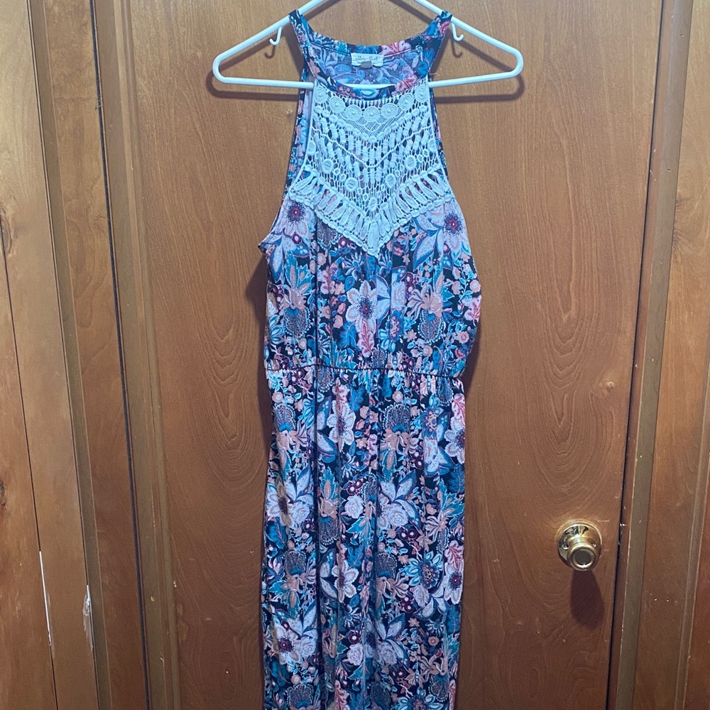 Ultra Flirt XL Floral Print Sleeveless Midi Dress with crocheted Bodice Summer